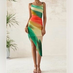 🆕 Pretty Garden Bodycon Asymmetrical Mesh Mini Ombré Dress, Size M